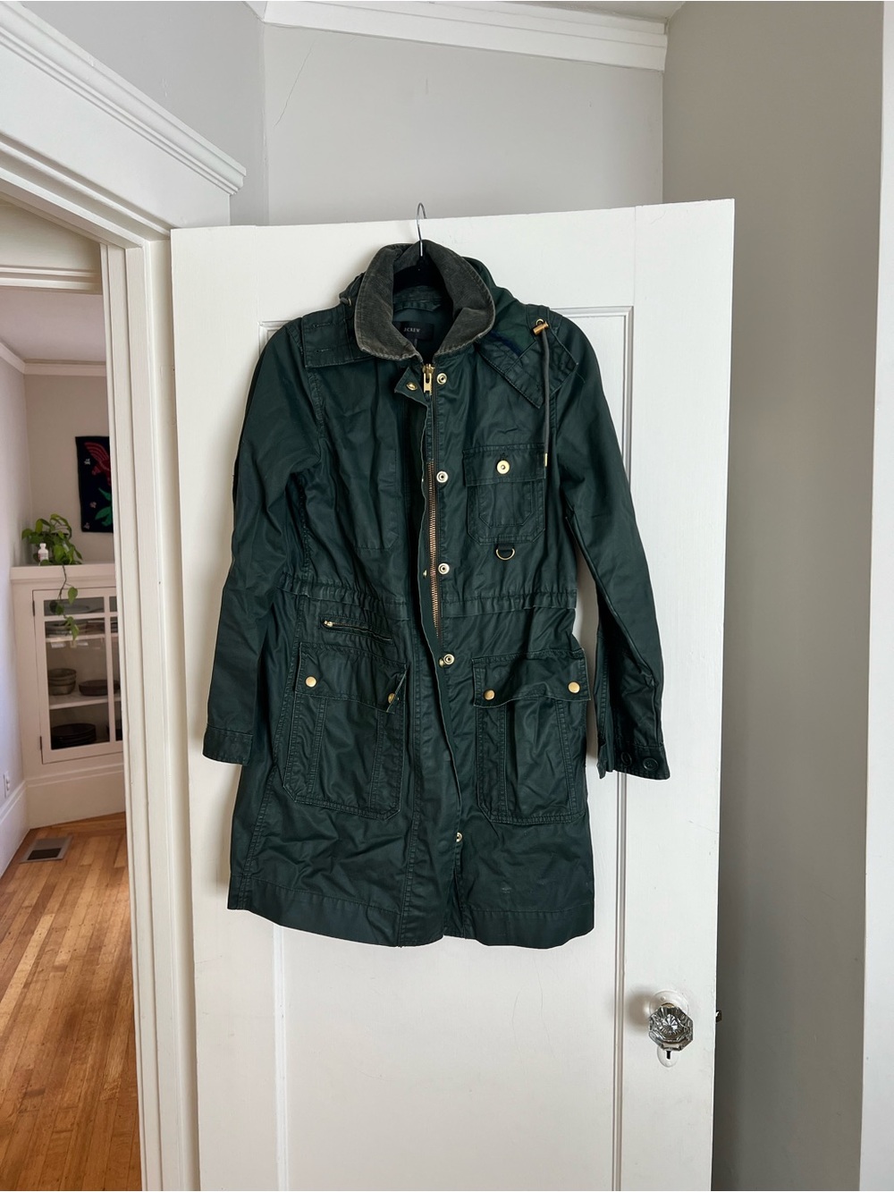 J. Crew Dark Green Long Trench Coat with Contrast Collar